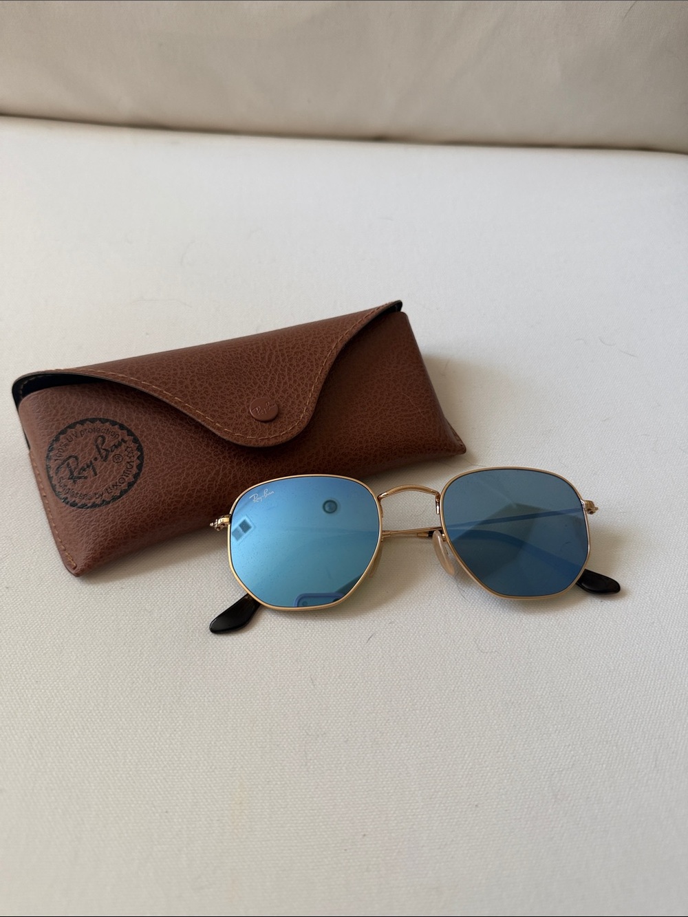 Ray-Ban Gold Frame Sunglasses with Blue Lenses